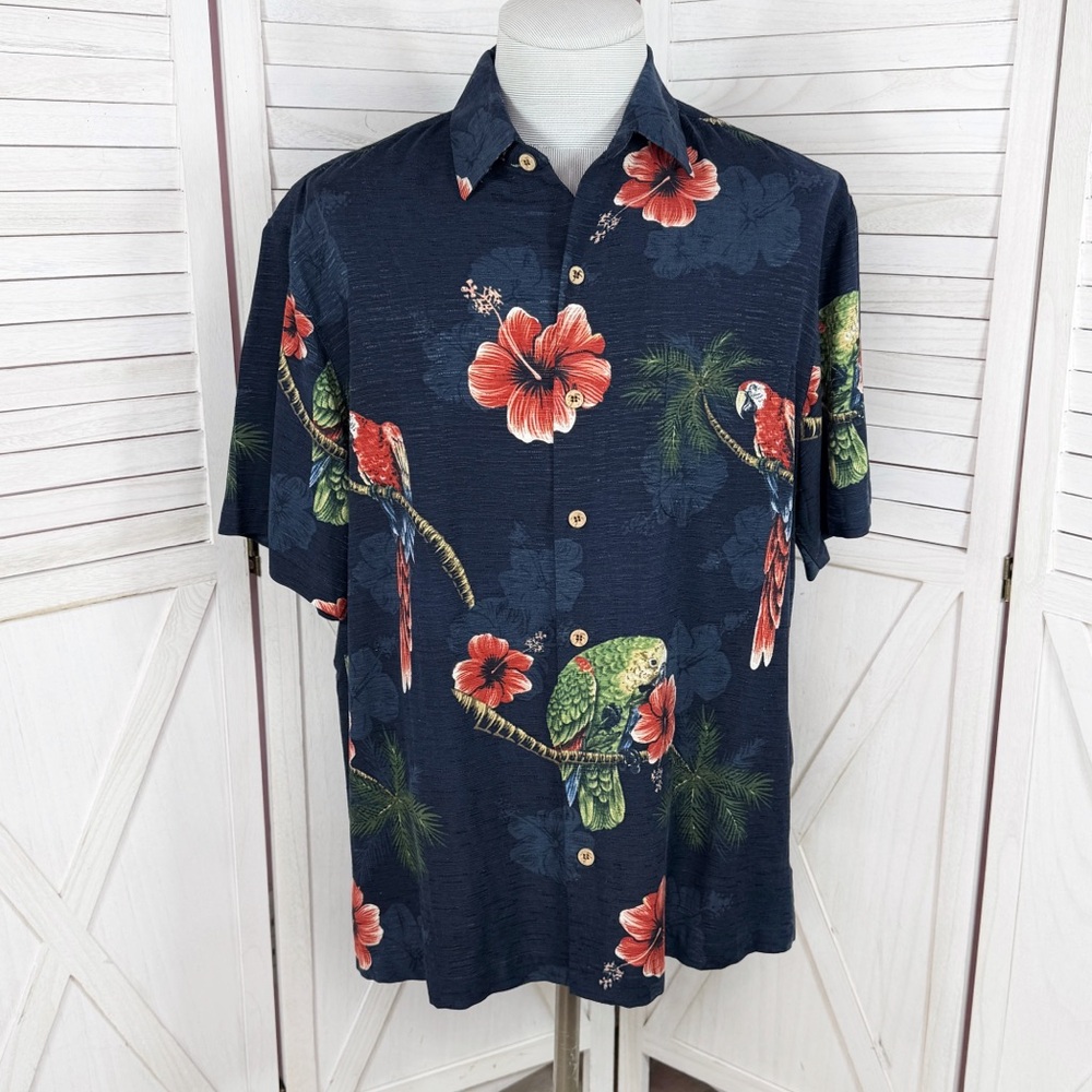 Caribbean Tropical Floral Parrot Dupioni Slub Silk Hawaiian Camp Shirt Large